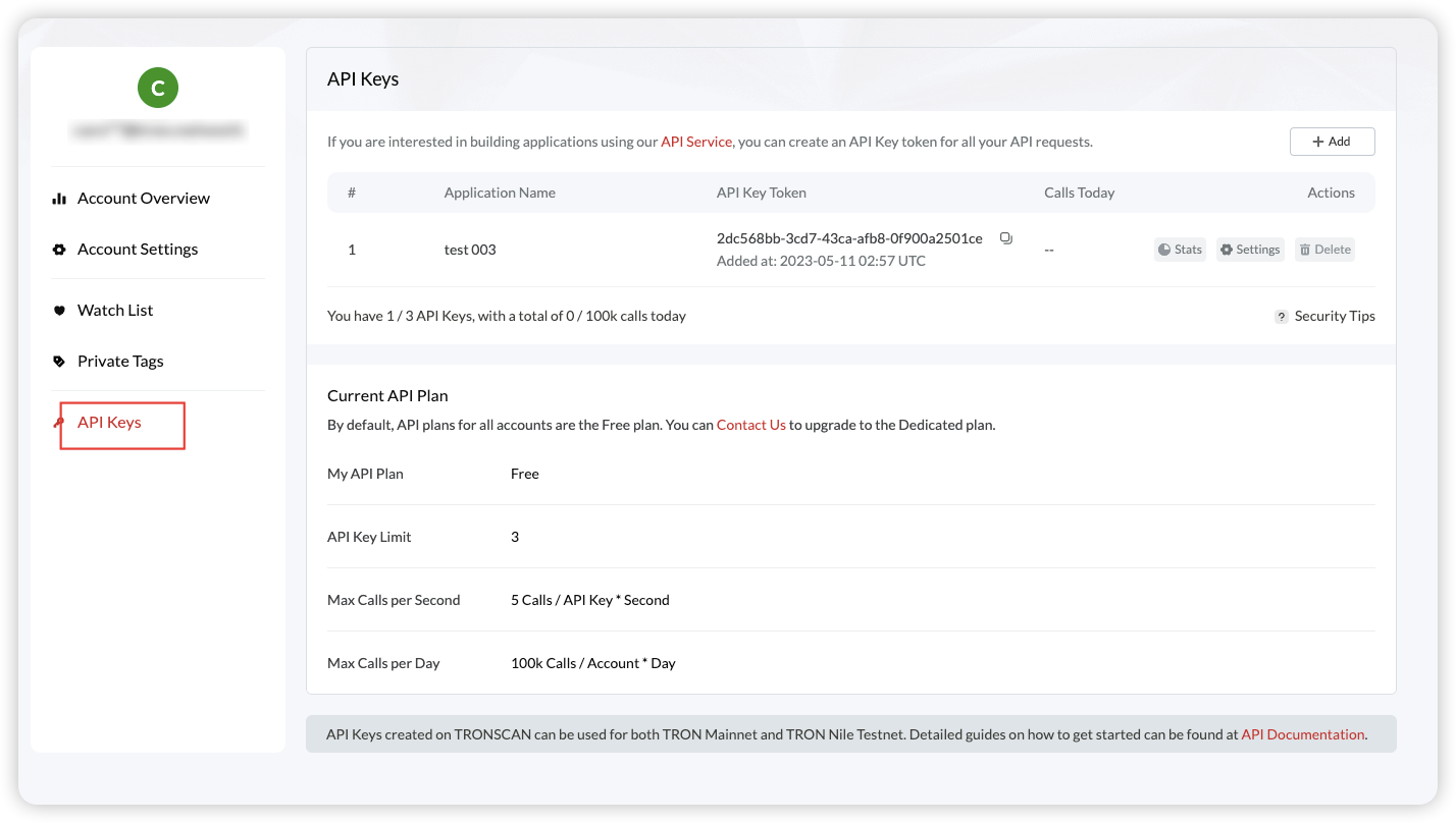 TRONSCAN API 密钥页面